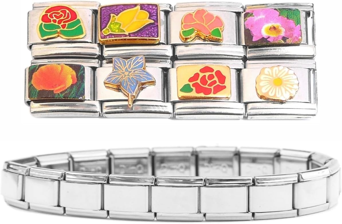 Set of 8 Floral Italian Charms Plus Starter Bracelet